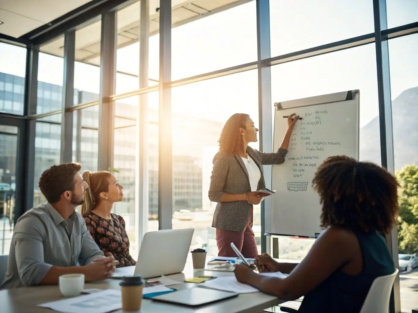 An image of a team analyzing a strategic plan on a whiteboard in a modern conference room, with Indian executives collaborating.