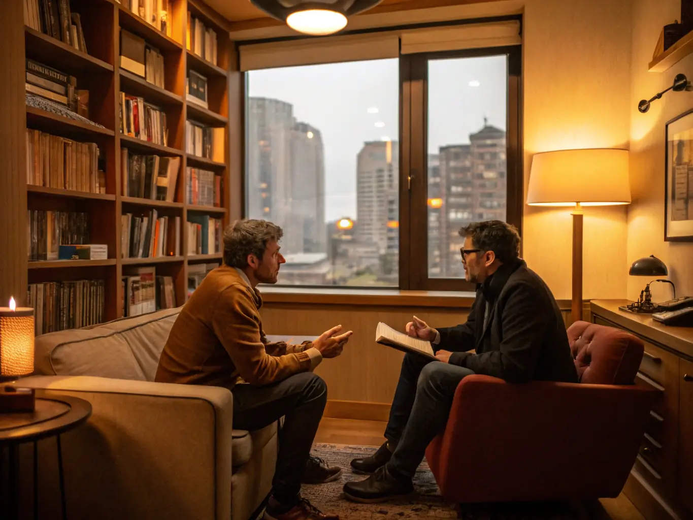 A professional Indian business coach facilitating a one-on-one coaching session with an executive in a high-rise office overlooking a bustling Indian city.