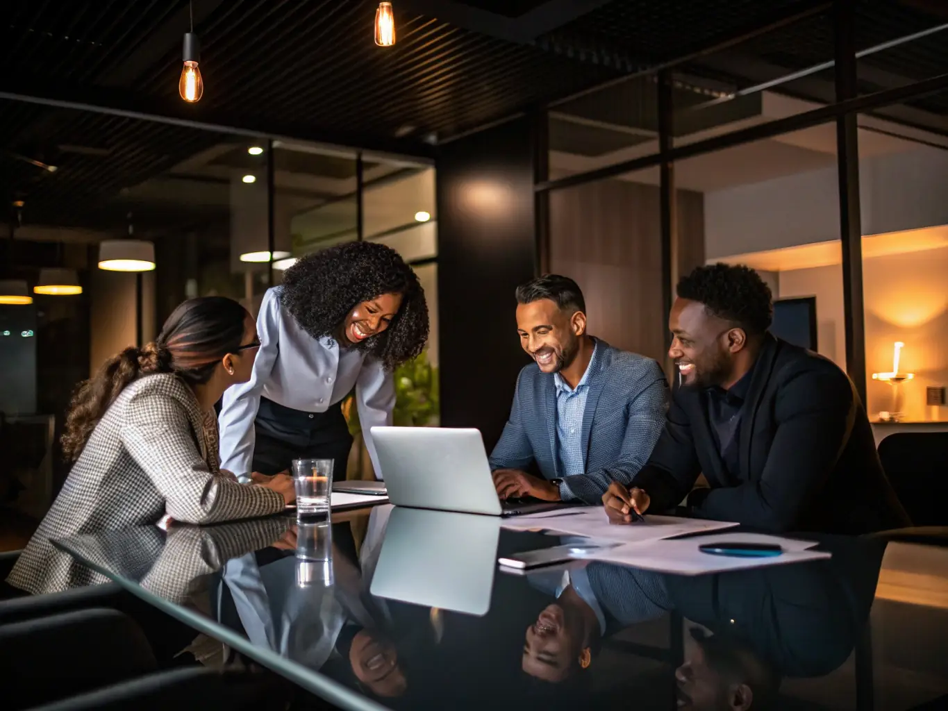 An image of a diverse group of executives engaged in a leadership workshop with a coach guiding them, set in a modern office in India.