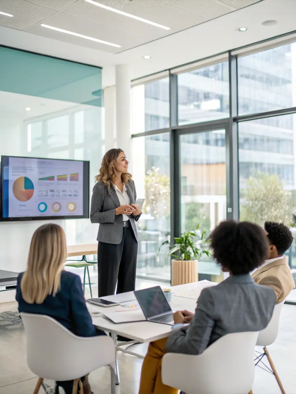 A professional executive in a modern office setting, confidently leading a team meeting, showcasing strong leadership presence and communication skills.