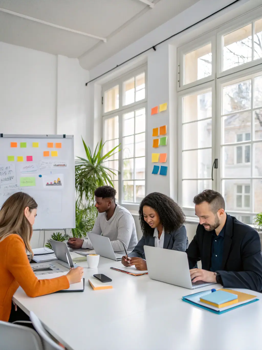 An image of a strategic planning session with diverse professionals brainstorming around a table, representing strategic planning coaching.