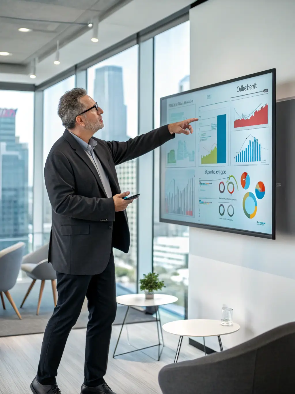 An executive participating in a strategic planning session, using visual aids to present a growth strategy to their team.