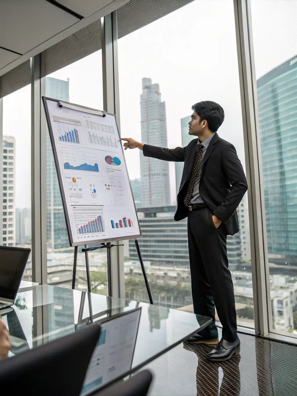 A professional Indian executive confidently presenting a strategic plan in a modern office setting, symbolizing improved strategic thinking.